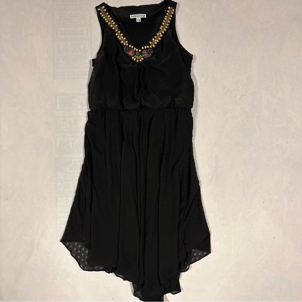 Boho Black Sleeveless Dress with Beaded Neckline Womens 14